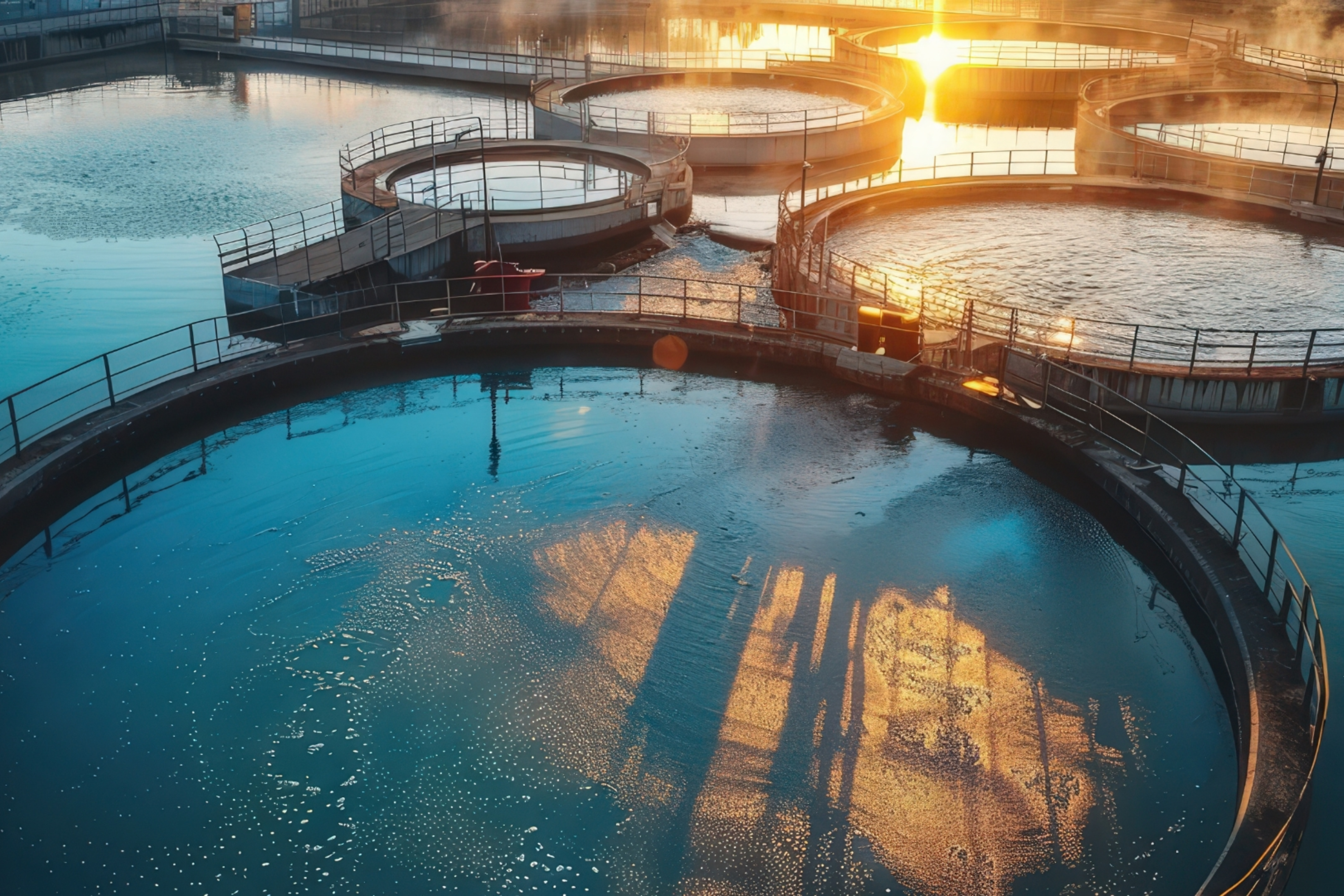 Circular water treatment tanks reflecting the sunrise, with walkways and railings surrounding each basin.