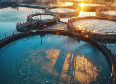 Circular water treatment tanks reflecting the sunrise, with walkways and railings surrounding each basin. Circular water treatment tanks reflecting the sunrise, with walkways and railings surrounding each basin.