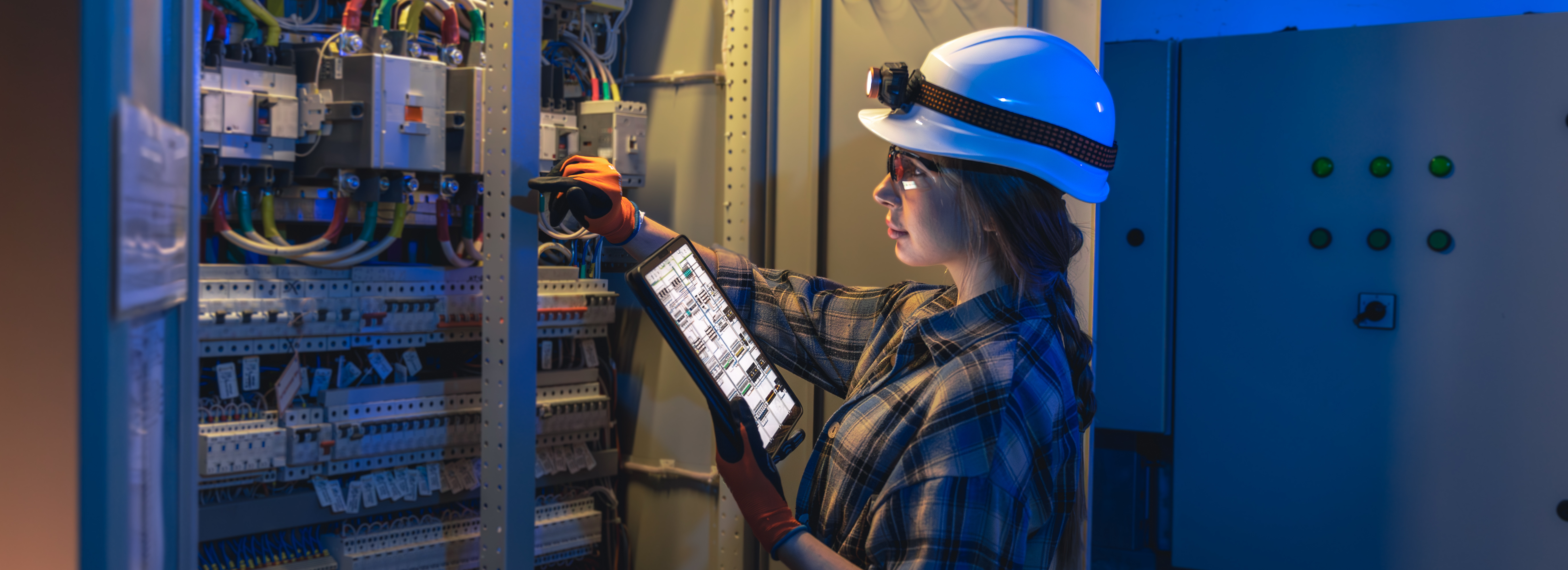 Technician inspecting electrical control panel using tablet inside industrial facility.