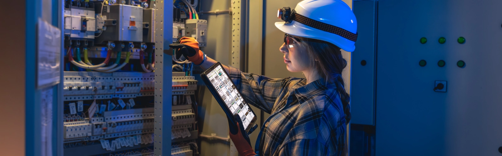 Technician inspecting electrical control panel using tablet inside industrial facility. Technician inspecting electrical control panel using tablet inside industrial facility.