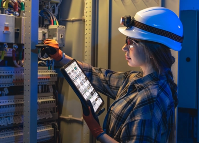 Technician inspecting electrical control panel using tablet inside industrial facility. Technician inspecting electrical control panel using tablet inside industrial facility.