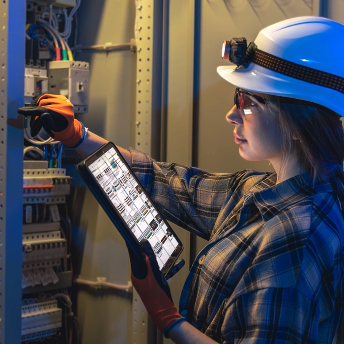 Technician inspecting electrical control panel using tablet inside industrial facility. Technician inspecting electrical control panel using tablet inside industrial facility.