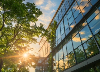 Sunlight shining through trees beside modern glass building with greenery Sunlight shining through trees beside modern glass building with greenery