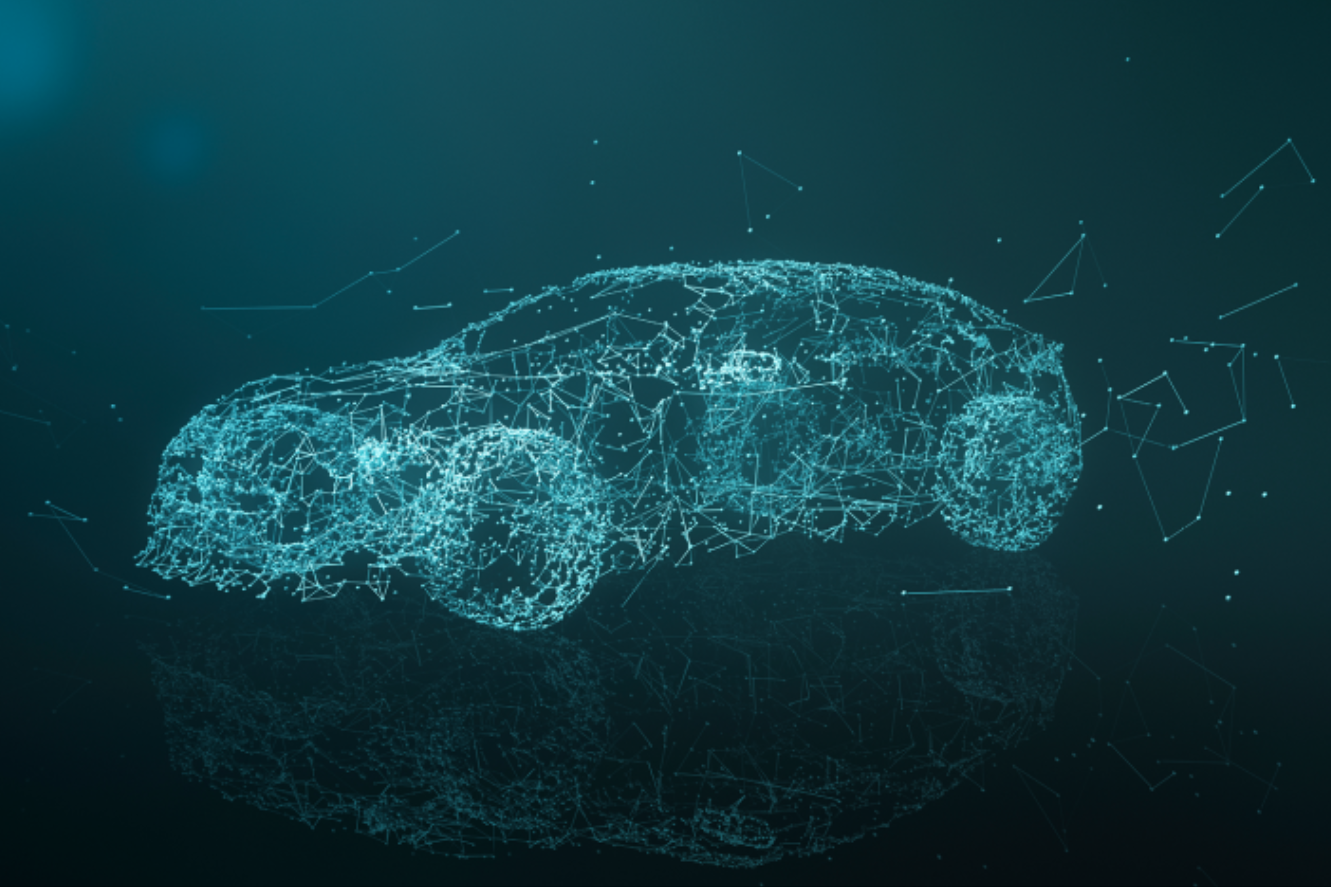 A glowing blue wireframe car made of connected points and lines on a dark background.