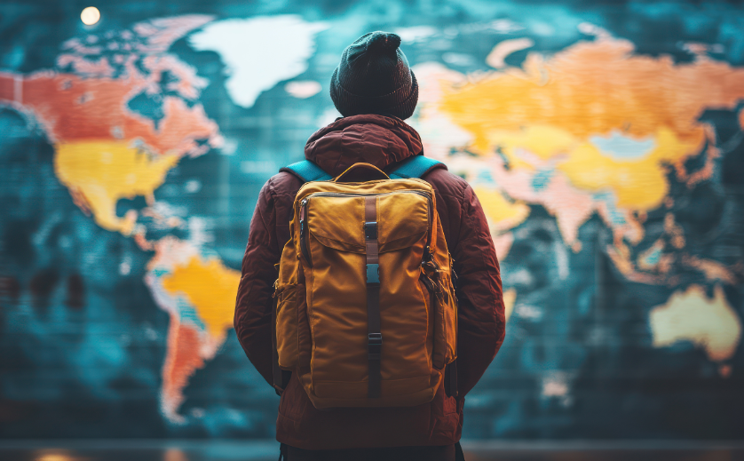 Person standing in front of map ready to travel