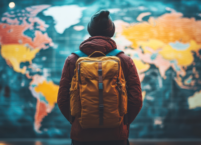 Person standing in front of map ready to travel Person standing in front of map ready to travel