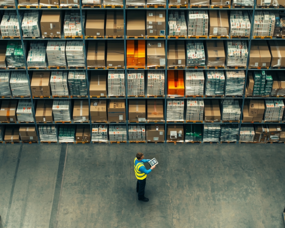 Person stood in front of shelves in warehouse doing inspection