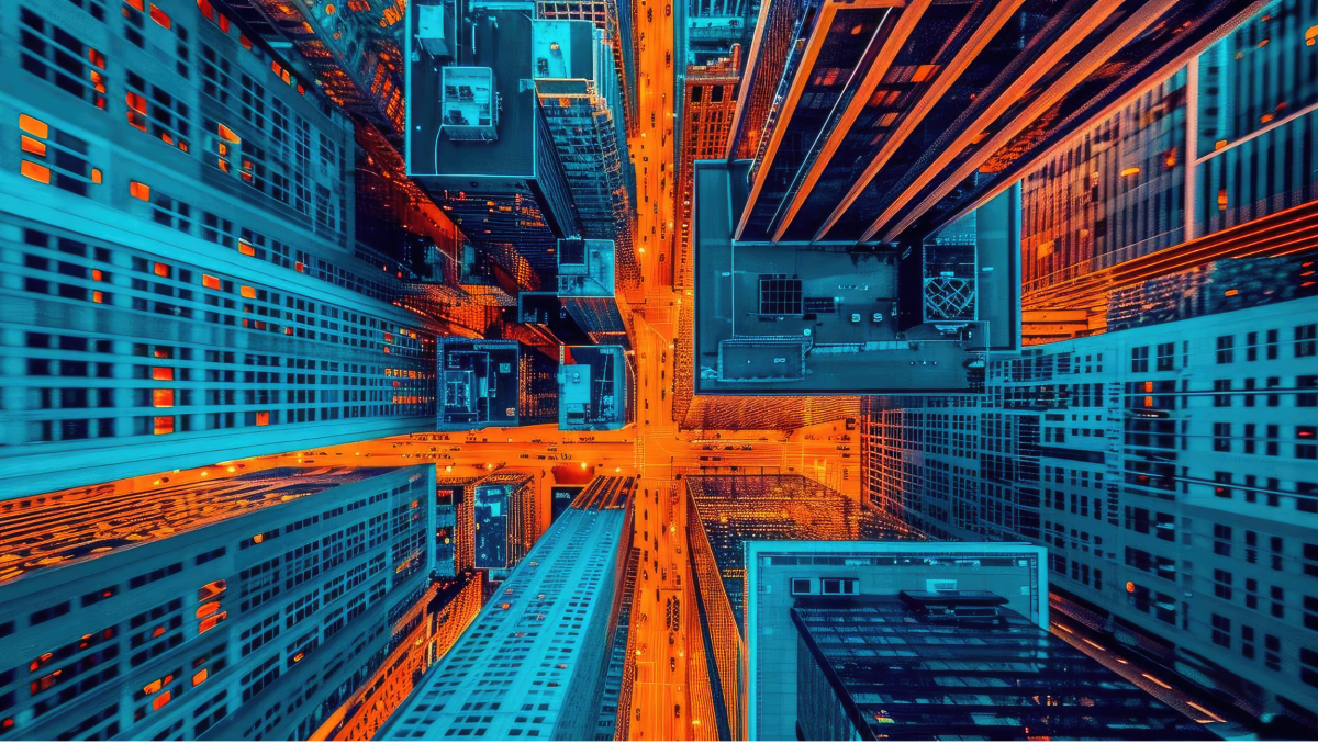 Birds eye view of city buildings in orange and blue