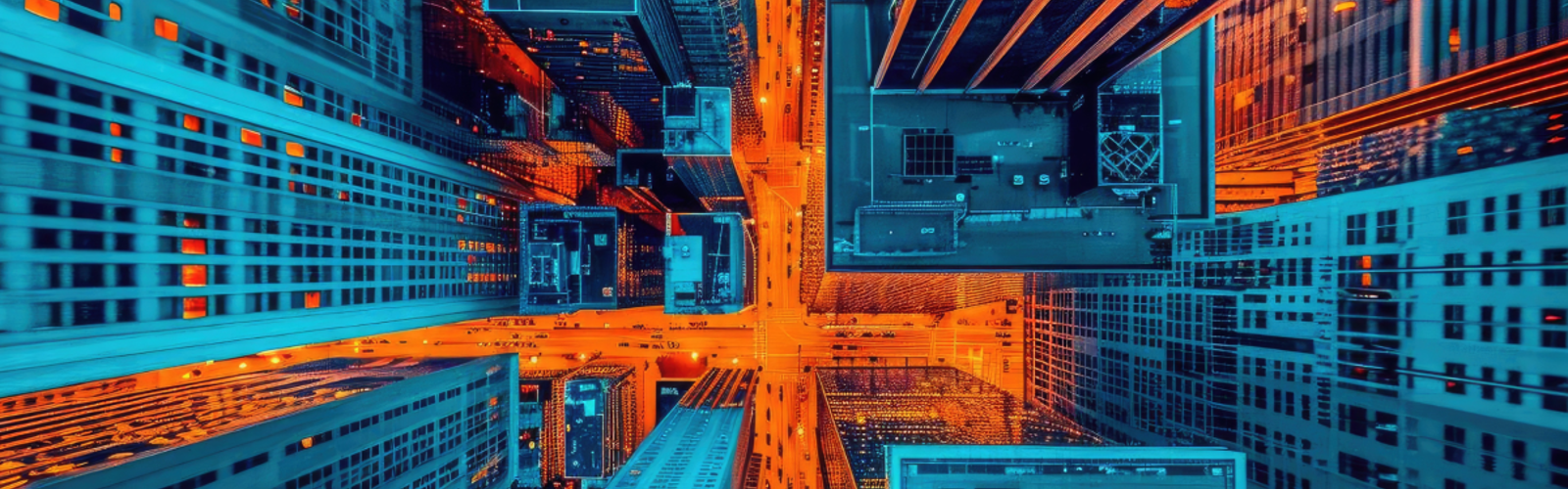 Birds eye view of city buildings in orange and blue Birds eye view of city buildings in orange and blue