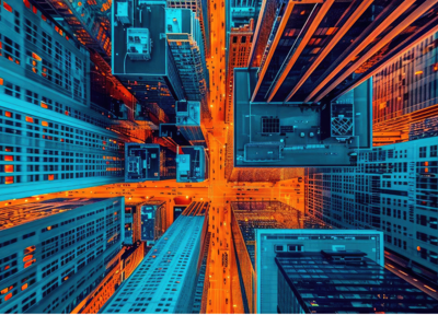 Birds eye view of city buildings in orange and blue Birds eye view of city buildings in orange and blue