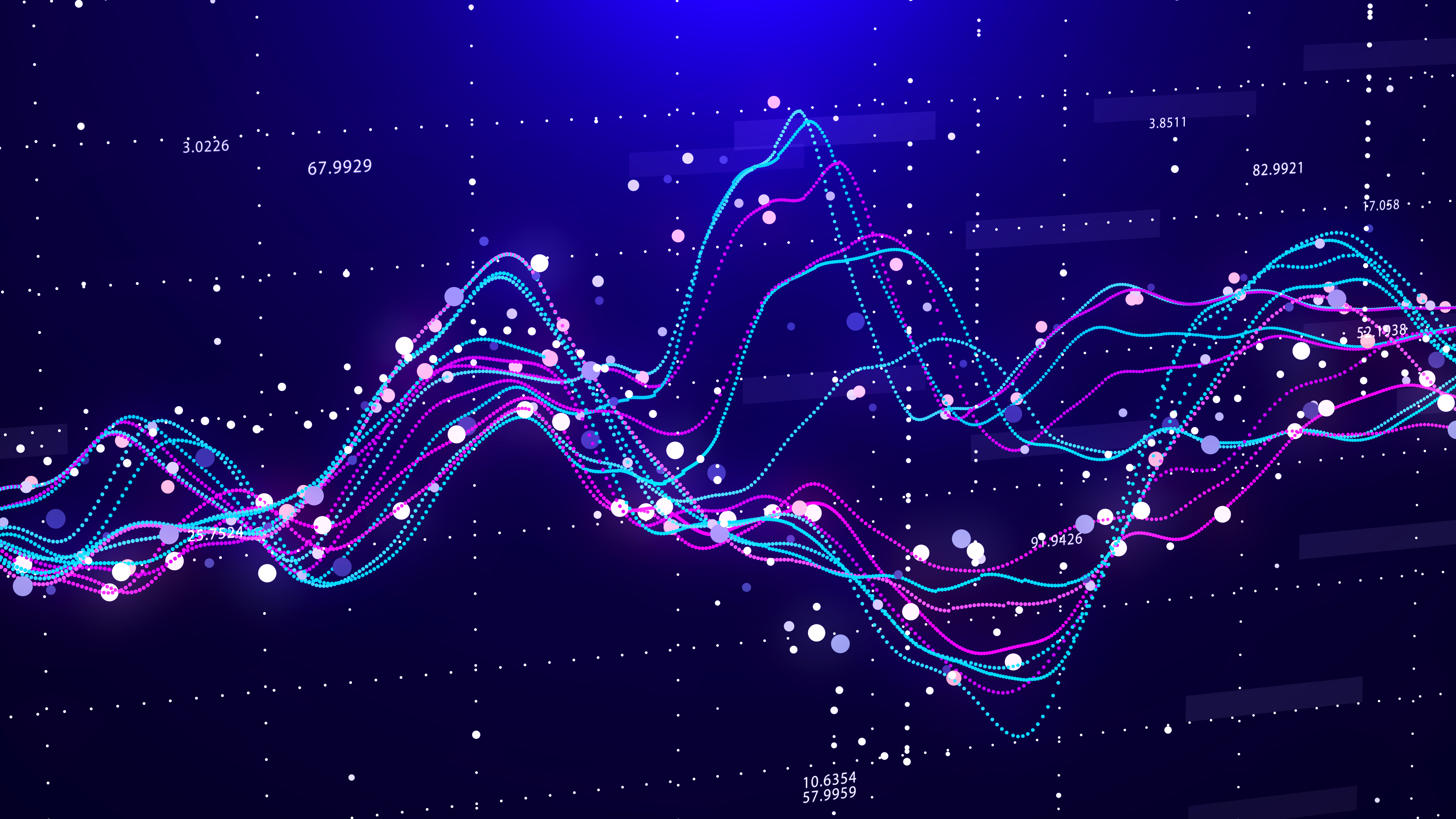 Abstract neon data waves with floating dots on blue background