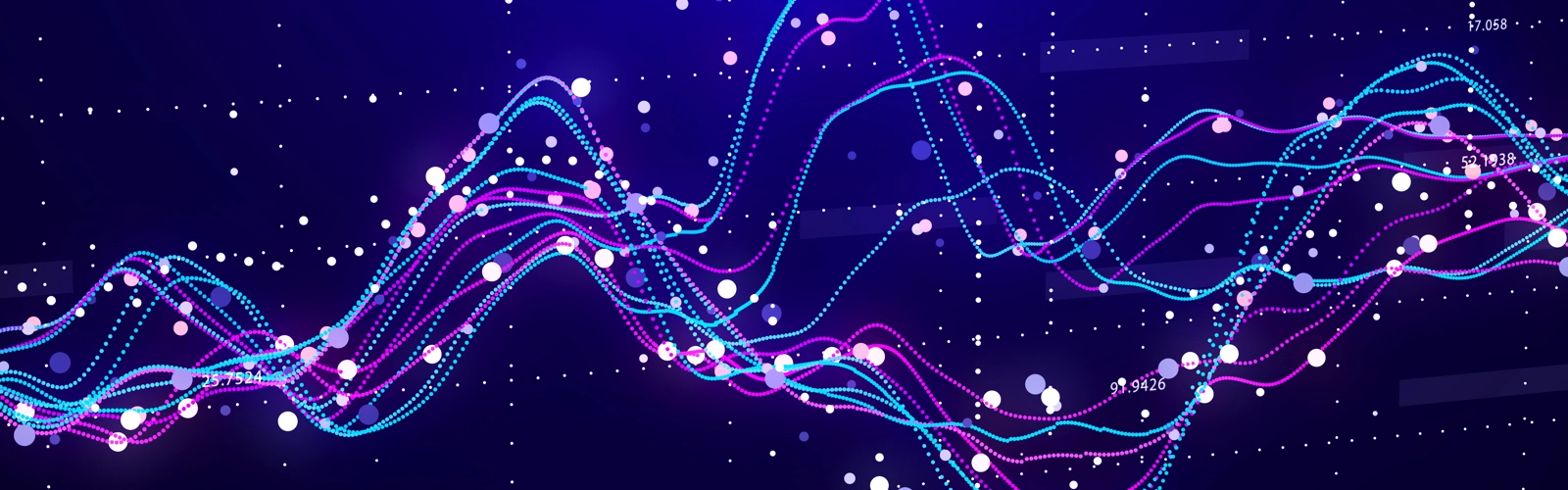 Abstract neon data waves with floating dots on blue background Abstract neon data waves with floating dots on blue background