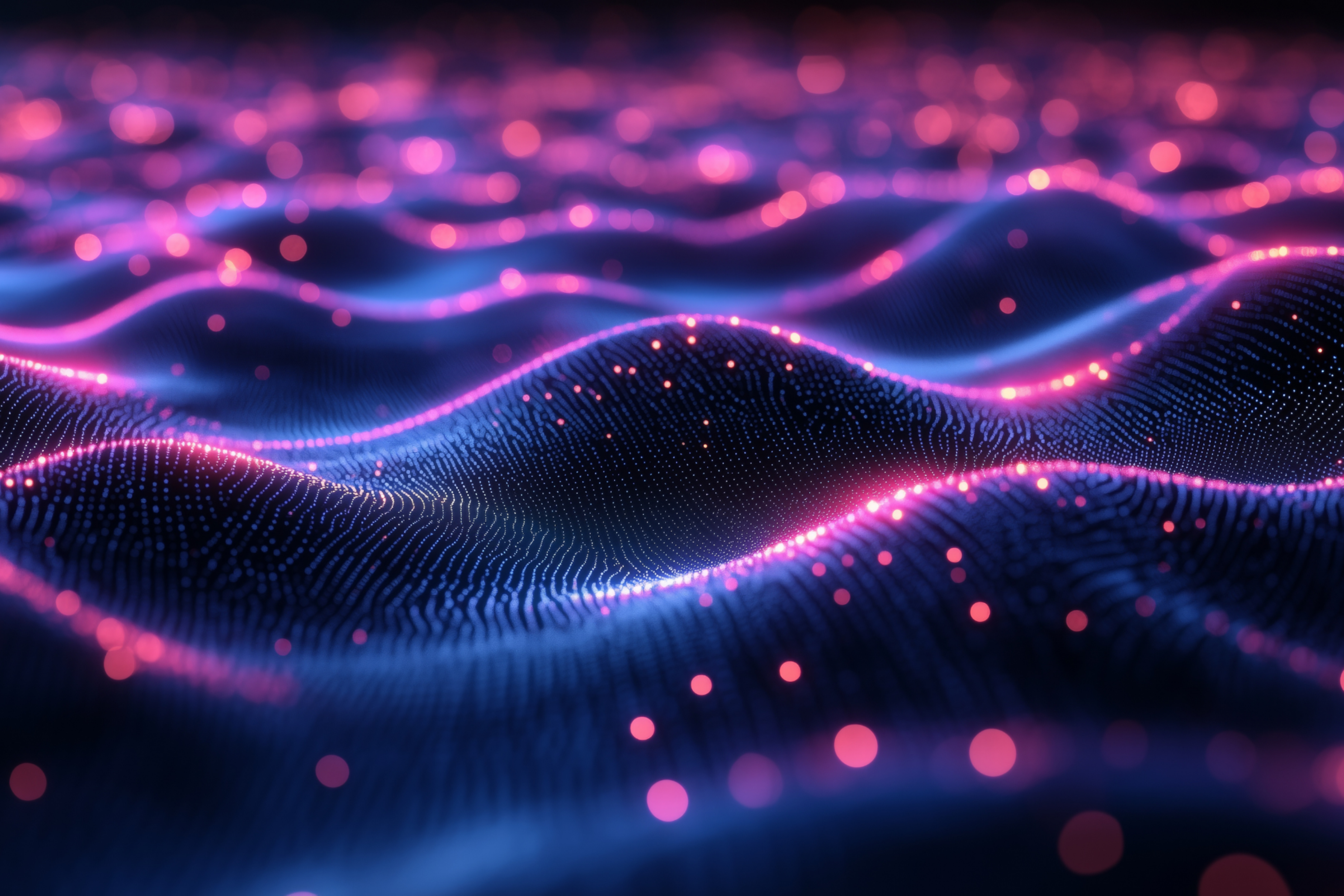 A glowing digital landscape of wavy grid-like surfaces illuminated with pink and blue light particles.