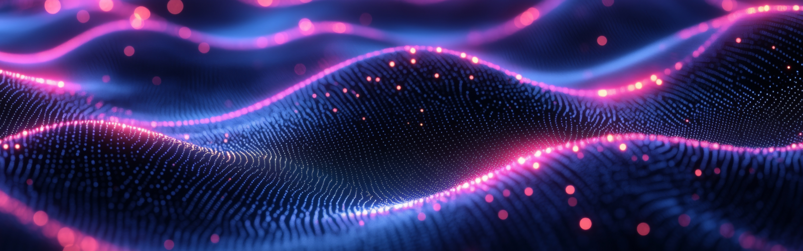 A glowing digital landscape of wavy grid-like surfaces illuminated with pink and blue light particles. A glowing digital landscape of wavy grid-like surfaces illuminated with pink and blue light particles.