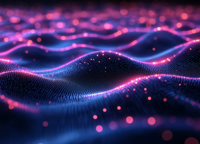 A glowing digital landscape of wavy grid-like surfaces illuminated with pink and blue light particles. A glowing digital landscape of wavy grid-like surfaces illuminated with pink and blue light particles.