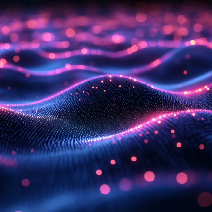 A glowing digital landscape of wavy grid-like surfaces illuminated with pink and blue light particles. A glowing digital landscape of wavy grid-like surfaces illuminated with pink and blue light particles.