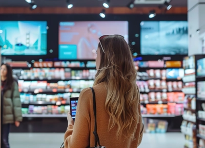 Woman in supermarket looking at the signs Woman in supermarket looking at the signs