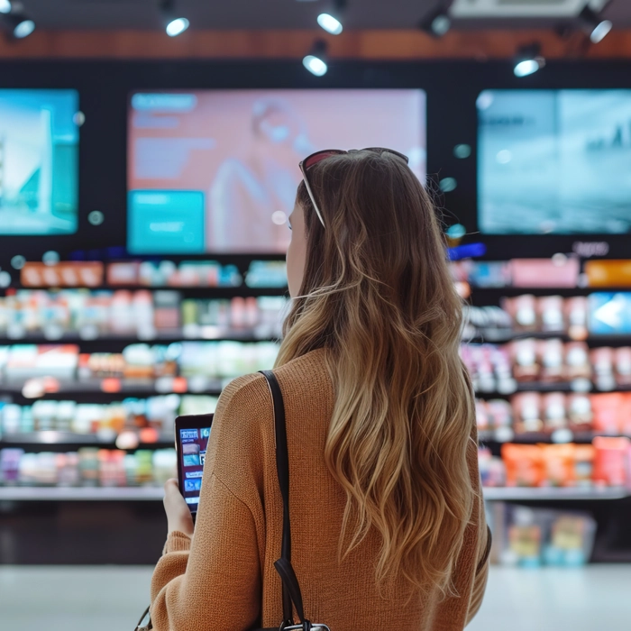 Woman in supermarket looking at the signs Woman in supermarket looking at the signs