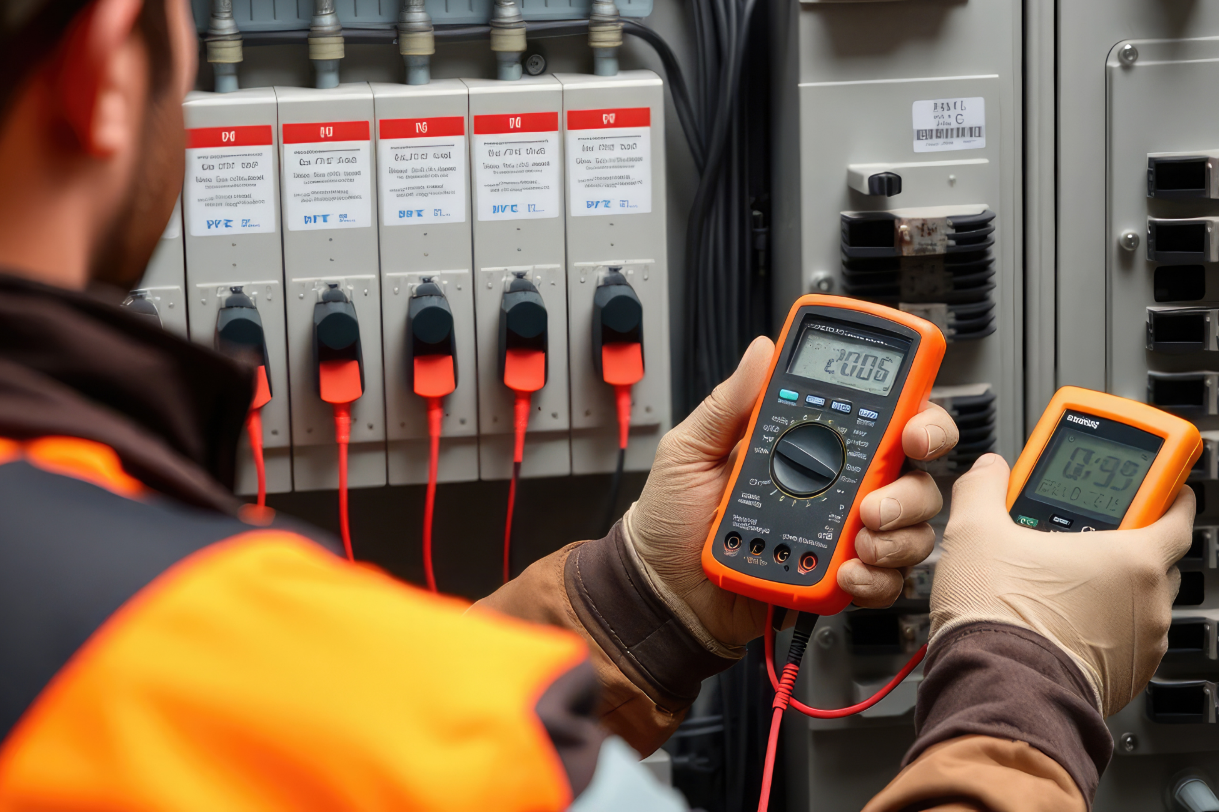 An electrician uses two handheld multimeters to test voltage on an electrical panel with multiple connected cables.