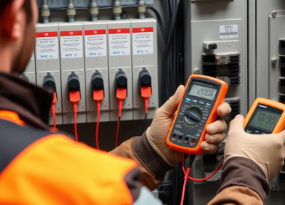 An electrician uses two handheld multimeters to test voltage on an electrical panel with multiple connected cables. An electrician uses two handheld multimeters to test voltage on an electrical panel with multiple connected cables.