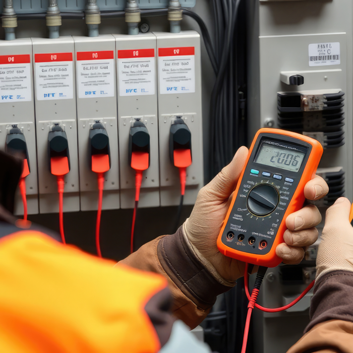 An electrician uses two handheld multimeters to test voltage on an electrical panel with multiple connected cables. An electrician uses two handheld multimeters to test voltage on an electrical panel with multiple connected cables.