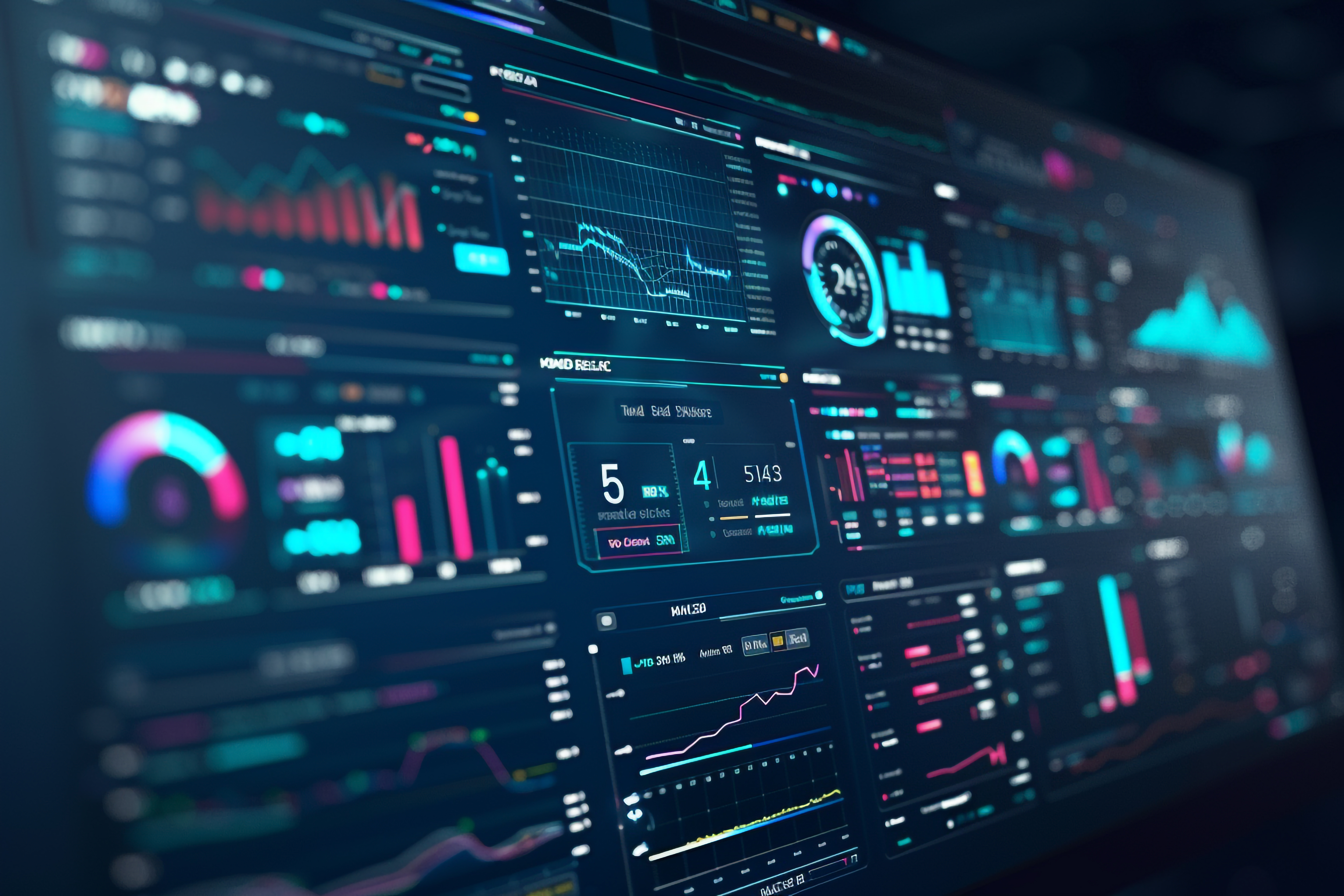 Futuristic analytics dashboard displaying colorful charts, graphs, metrics, and data visualizations.