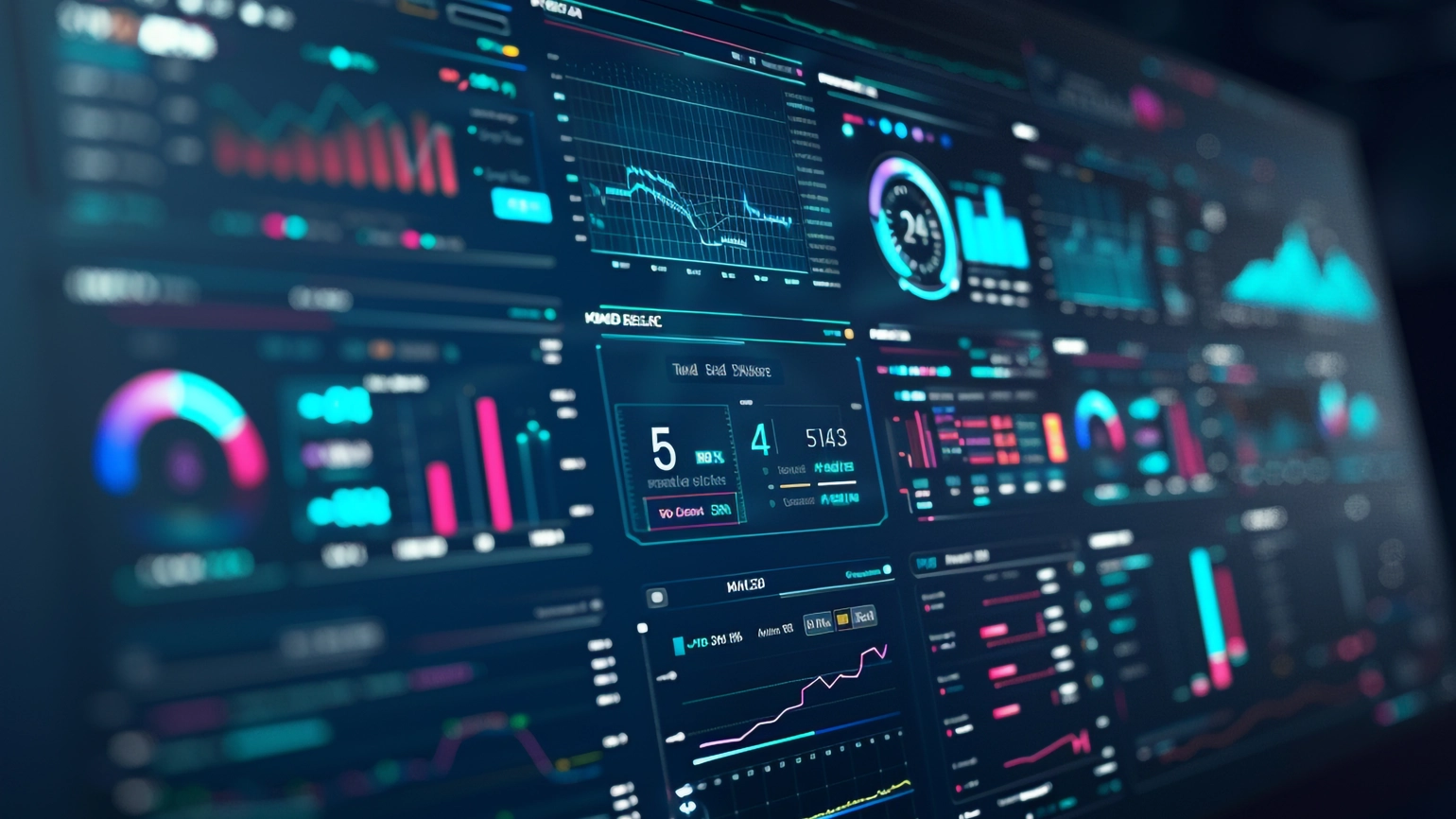 Futuristic analytics dashboard displaying colorful charts, graphs, metrics, and data visualizations. Futuristic analytics dashboard displaying colorful charts, graphs, metrics, and data visualizations.