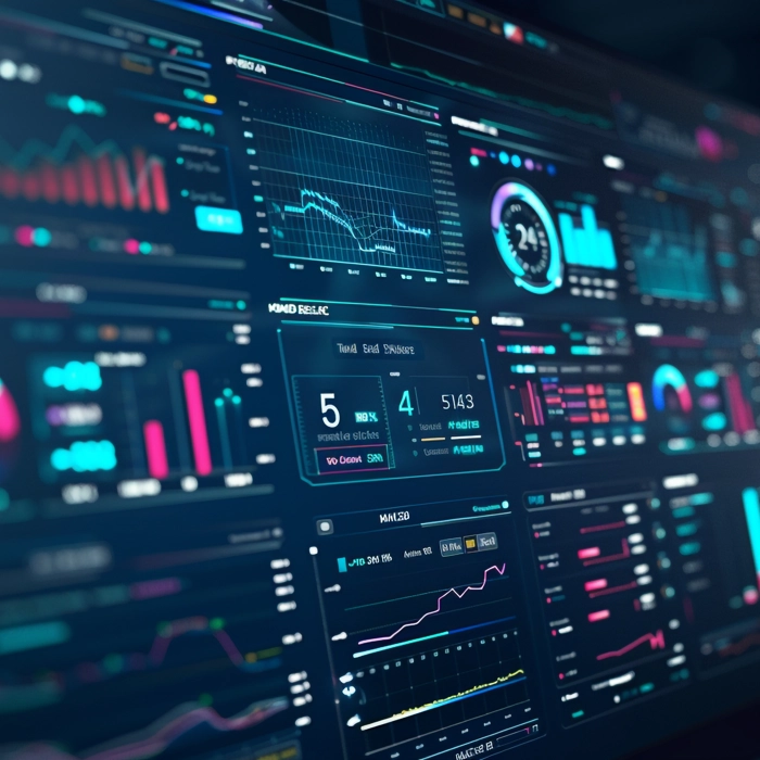 Futuristic analytics dashboard displaying colorful charts, graphs, metrics, and data visualizations. Futuristic analytics dashboard displaying colorful charts, graphs, metrics, and data visualizations.