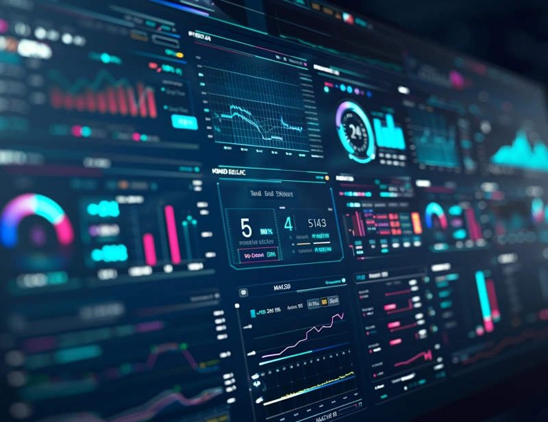 Futuristic analytics dashboard displaying colorful charts, graphs, metrics, and data visualizations. Futuristic analytics dashboard displaying colorful charts, graphs, metrics, and data visualizations.