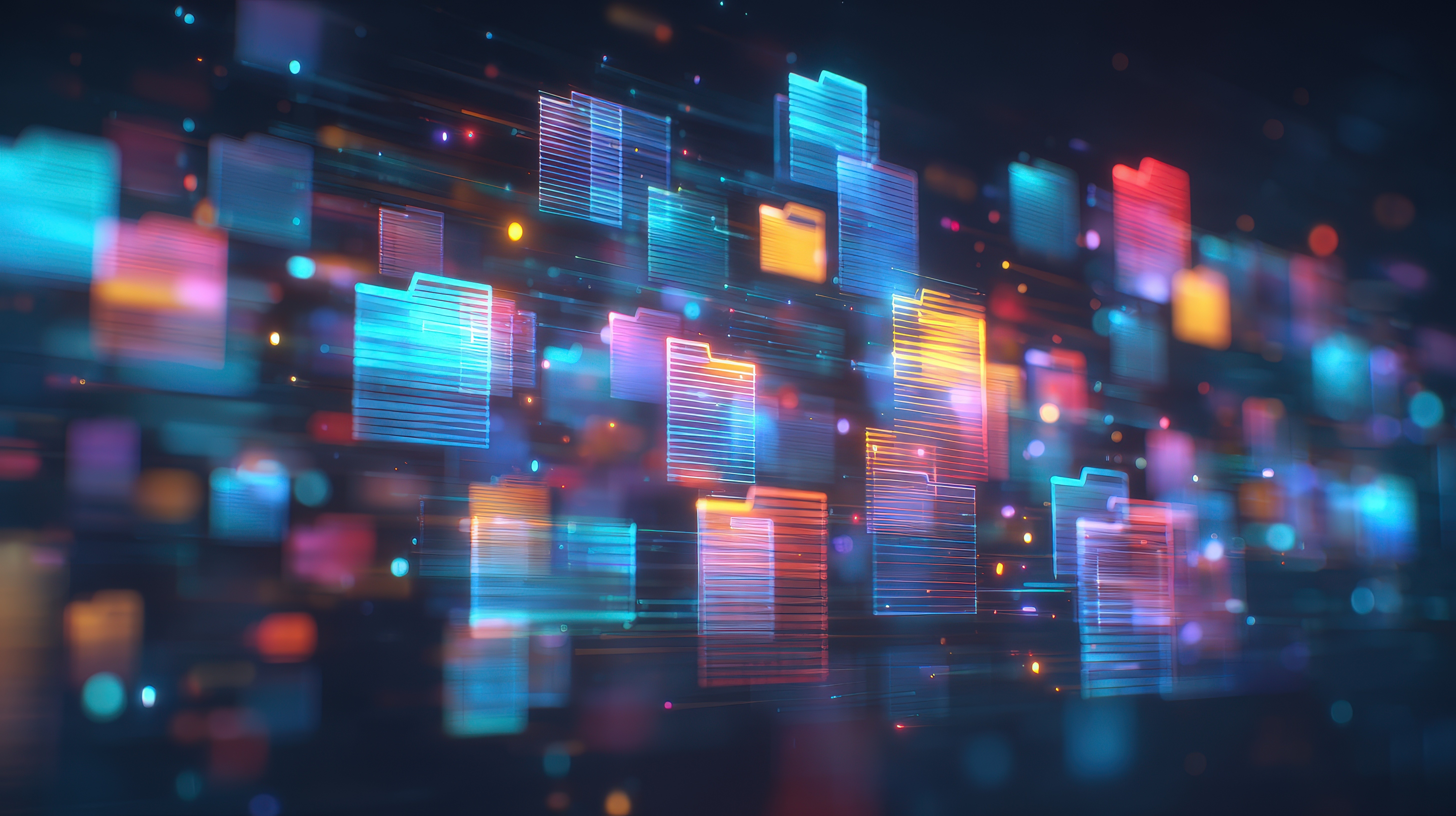 Glowing digital folders floating through colorful futuristic data network.