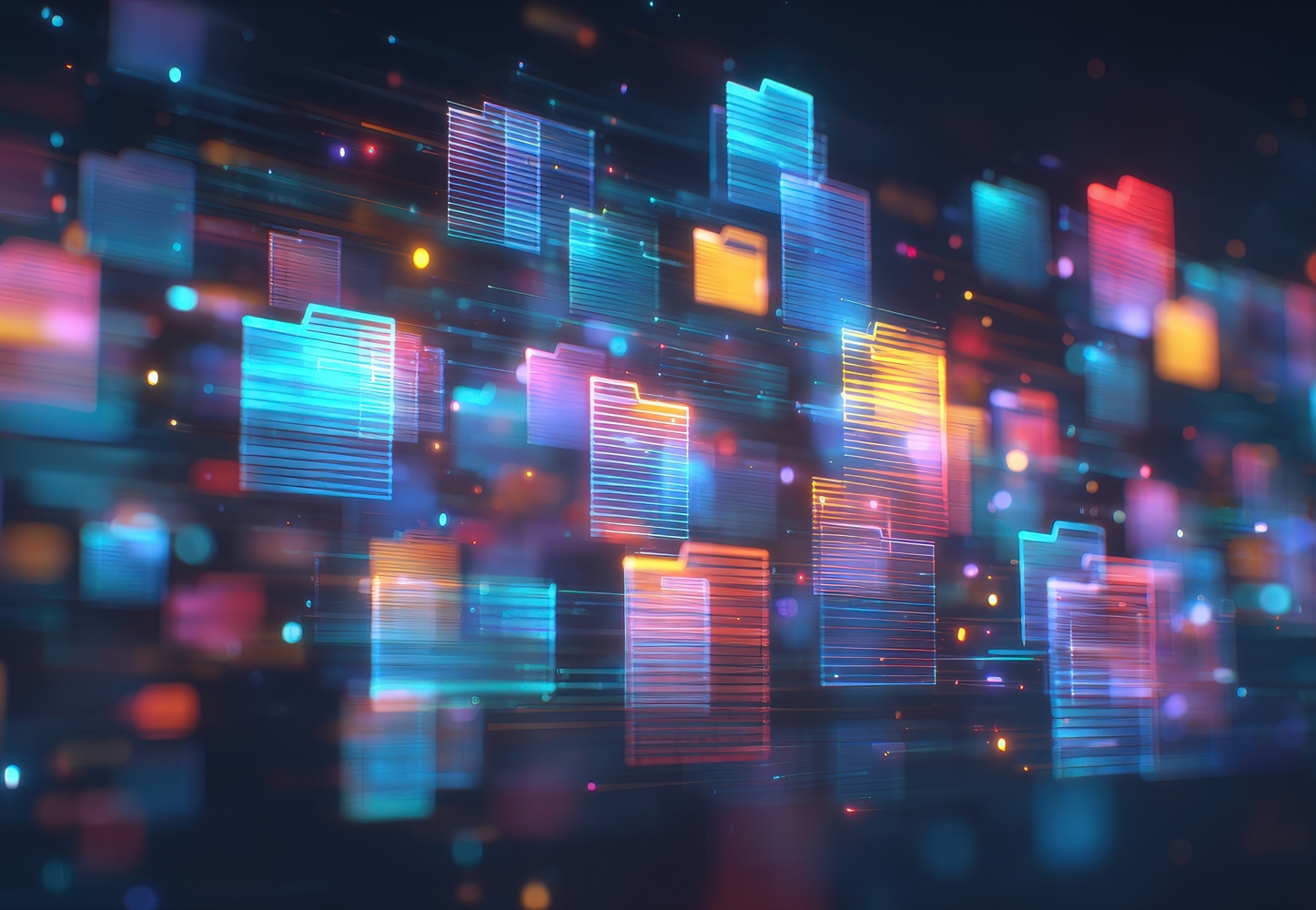 Glowing digital folders floating through colorful futuristic data network.