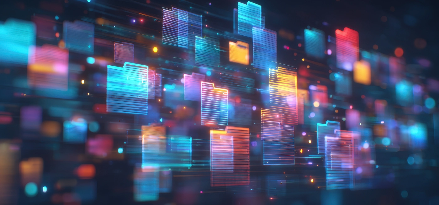 Glowing digital folders floating through colorful futuristic data network. Glowing digital folders floating through colorful futuristic data network.