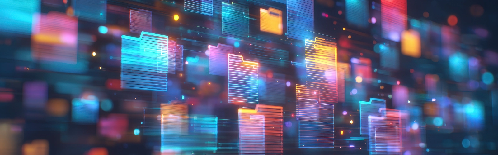 Glowing digital folders floating through colorful futuristic data network. Glowing digital folders floating through colorful futuristic data network.