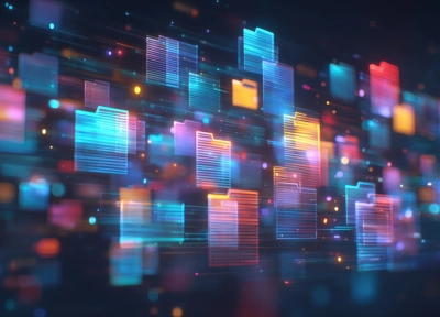 Glowing digital folders floating through colorful futuristic data network. Glowing digital folders floating through colorful futuristic data network.
