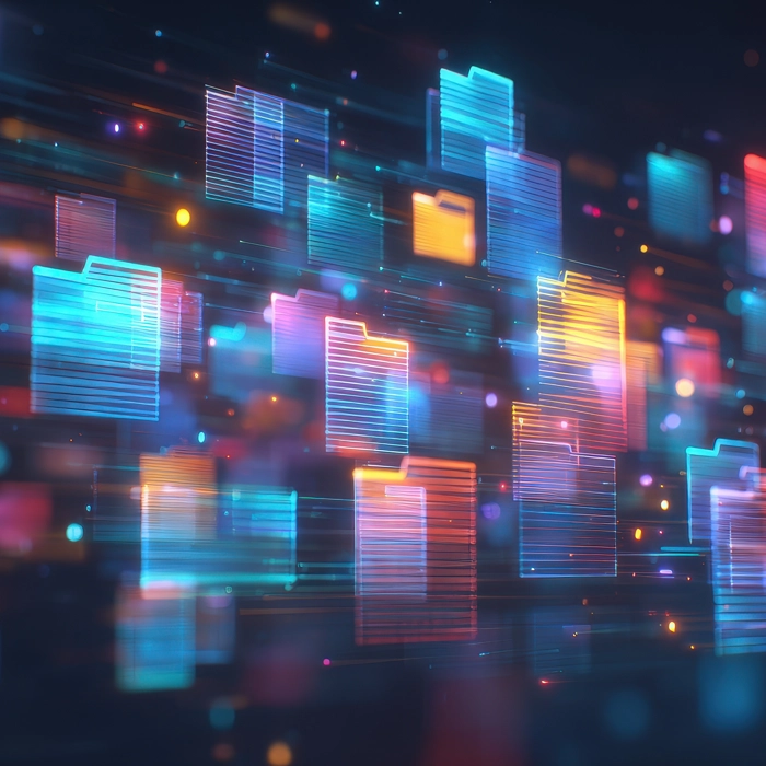Glowing digital folders floating through colorful futuristic data network. Glowing digital folders floating through colorful futuristic data network.