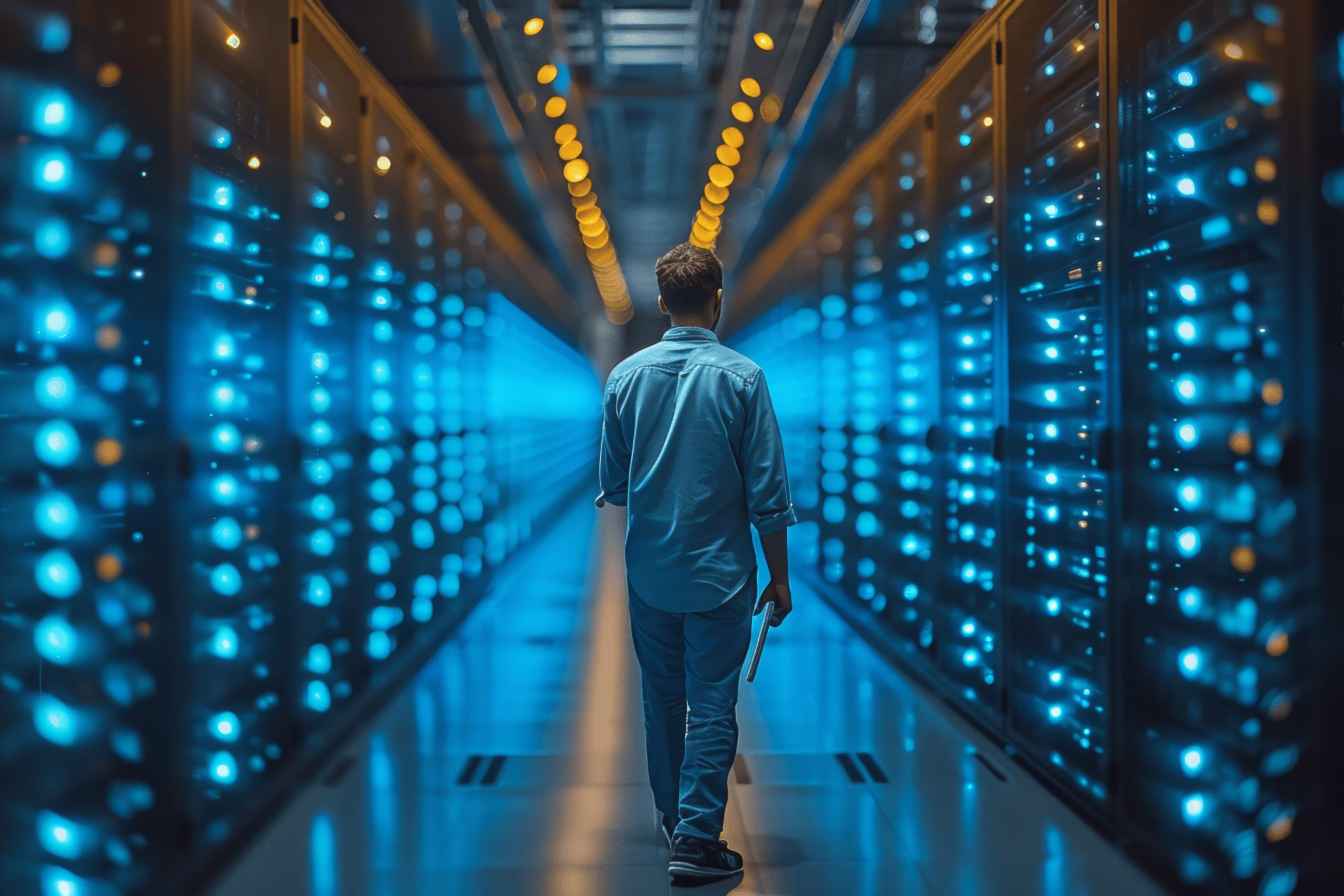 A person walks down a brightly lit server room aisle, surrounded by rows of glowing blue data racks while holding a laptop.