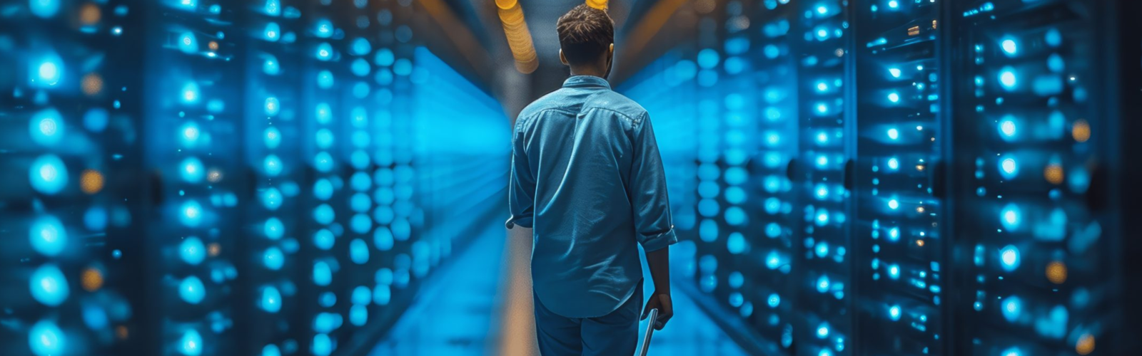 A person walks down a brightly lit server room aisle, surrounded by rows of glowing blue data racks while holding a laptop. A person walks down a brightly lit server room aisle, surrounded by rows of glowing blue data racks while holding a laptop.