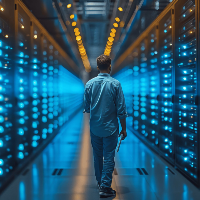 A person walks down a brightly lit server room aisle, surrounded by rows of glowing blue data racks while holding a laptop. A person walks down a brightly lit server room aisle, surrounded by rows of glowing blue data racks while holding a laptop.